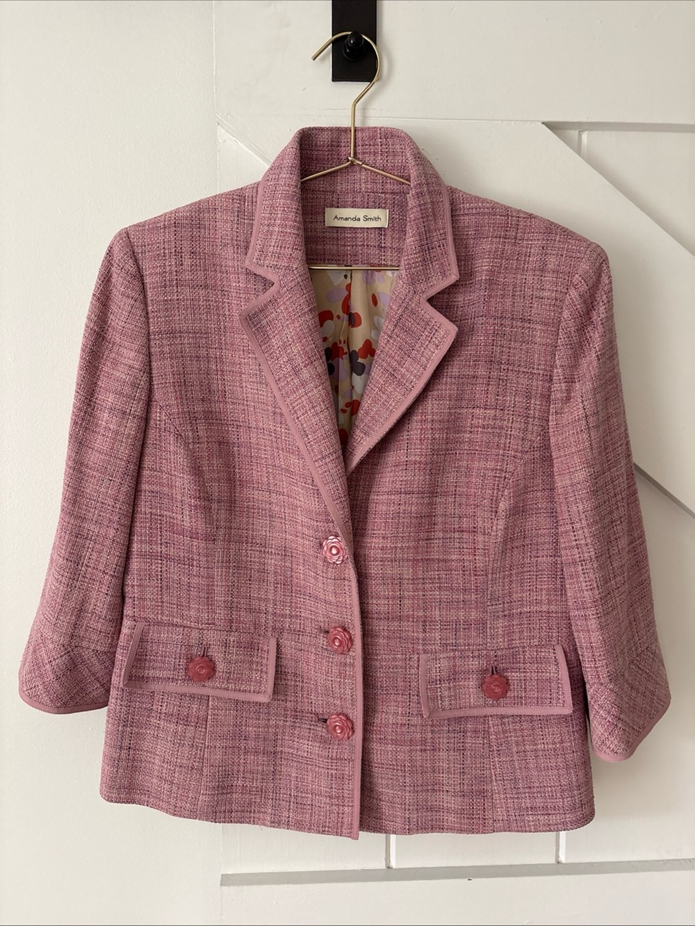 Amanda Smith Women’s Pink Tweed Blazer Jacket 6 100% Silk Lining Button Detail